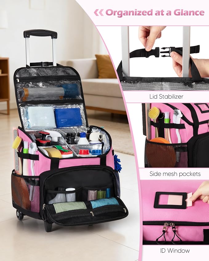 Marscamd Large Rolling Cleaning Caddy Bag with Detachable Trolley, Cleaning Supplies Organizer with Wheels for Housekeepers, Pink
