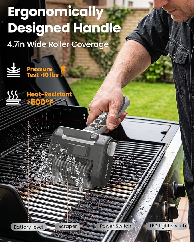 Electric Grill Brush for Outdoor Grill, Cordless BBQ Cleaner with LED Light, Scraper, Dishwasher‑Safe Bristles, 4000 mAh Battery, Rechargeable Power Grill Scrubber (Silver)