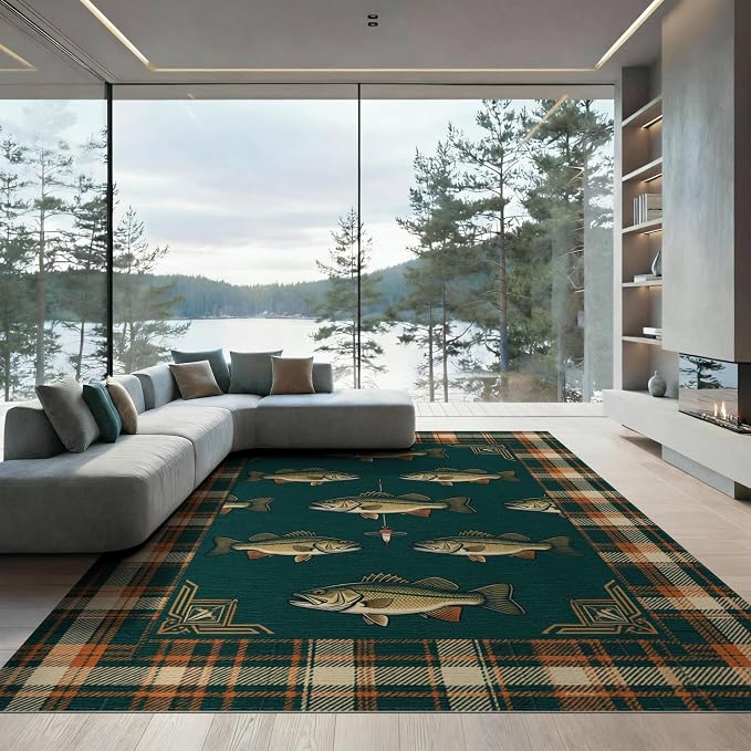 8'x10' Washable Area Rug Cabin Bass Plaid Border Vintage Baits Lure Tackle Fish Fishing Refined for Living Room, Under Sectional, Family, Non-Slip Flatwoven