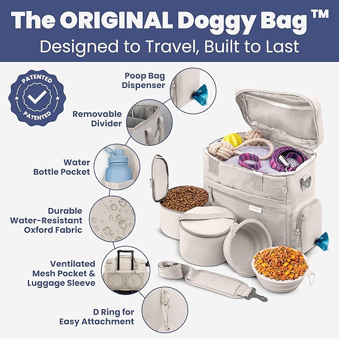 Rubyloo Mini Lint Roller Bundle Travel Size Pet Hair Remover with Retractable Cover & Beige Dog Travel Bag with Bowls Food Containers for Trips Essentials Gift Set