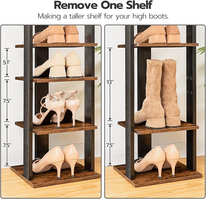 HOOBRO 8 Tiers Vertical Shoe Rack, Wooden Shoe Storage Organizer with Hooks, Narrow Shoe Tower for 8 Pairs, Space Saving, for Entryway, Living Room, Bedroom, Rustic Brown BF07XJ01G1