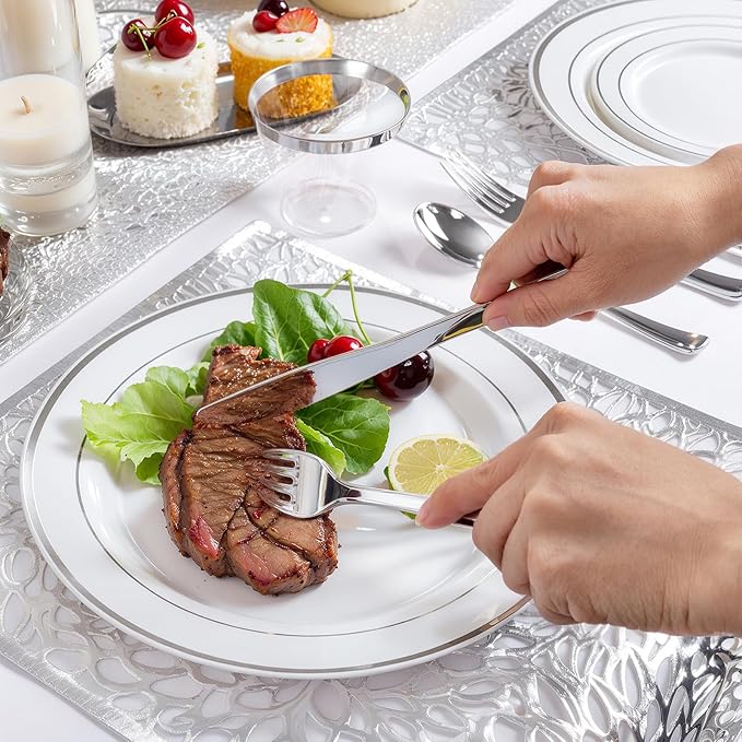 WDF Partyware 175PCS Sliver Plastic Plates - Silver Plates Disposable - White Plate with Silver Trim 25Guests Plastic Dinnerware Sets with Rolled Napkins for Wedding Baby Shower Spring Birthday