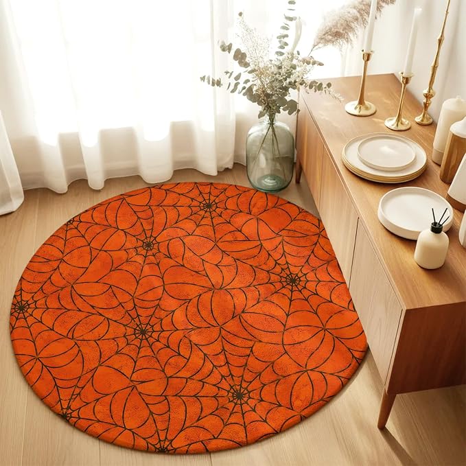 Round Area Rug 4', Orange Halloween Washable Area Rugs for Kitchen Bathroom Bedroom Office Dining Room, Black Spiders Net Classic Gingham Non Slip Door Mat Indoor Entrance Floor Throw Circle Carpet