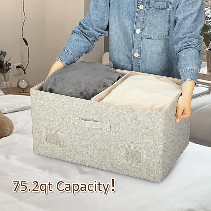 Graciadeco 75 Quarts Extra Large Decorative Storage Bins with Lids, 3 Packs Beige Collapsible Storage Bins with Lids, Stackable Storage Bins Decorative Box Storage With Lid Extra Large