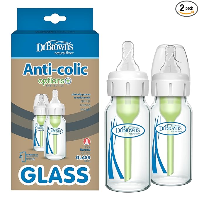 Dr. Brown's Anti-Colic Options+ Narrow Glass Baby Bottle with Level 1 Slow Flow Nipple, BPA-Free, 4 oz/120mL, 0m+, 2-Pack (Packaging May Vary)