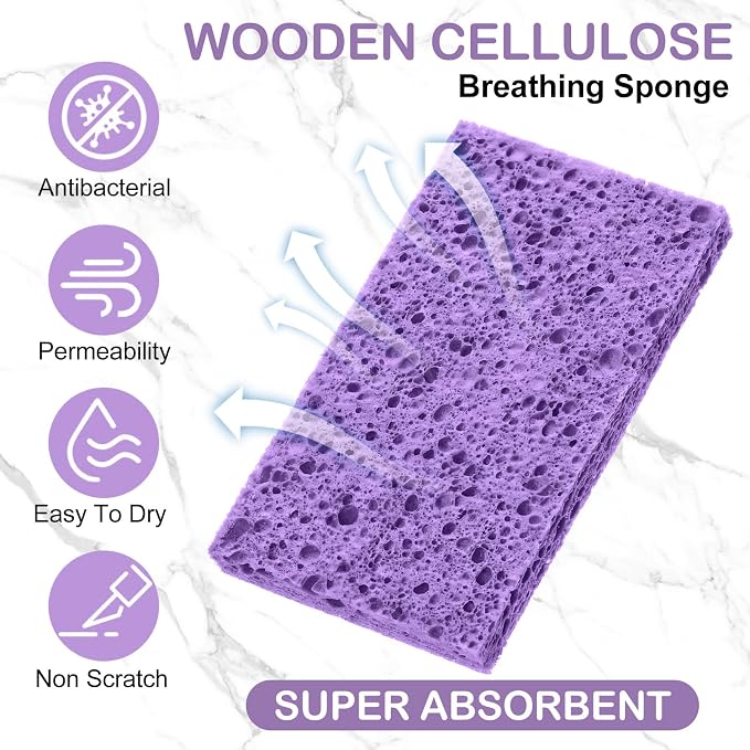 Zhengmy 48 Pieces Sponges Bulk Sponges Kitchen Compressed Sponge Natural Dish Sponge Compressed Wood Pulp Cleaning Without Scratching for Kitchen Bathroom, 3.9 x 2.4 x 0.12 Inch (Purple)