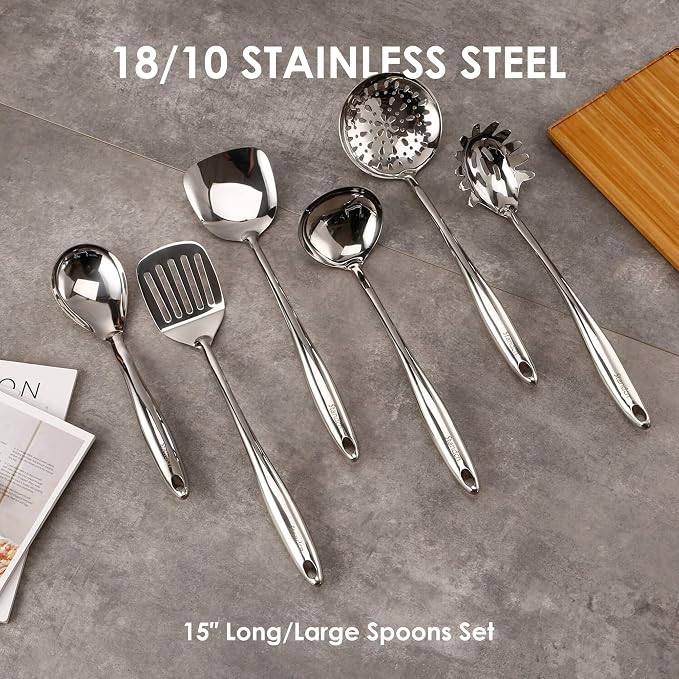 304 Stainless Steel Kitchen Utensil Set - 9 PCS Serving Utensils, Cooking Utensil, Solid Spoon, Slotted Spoon, Fork, Spatula, Ladle, Skimmer Spoon, Slotted Spatula Tunner, Spaghetti Spoon, Large Spoon | All Metal Spatula Spoon Set - Turner, Ladle, Skim...