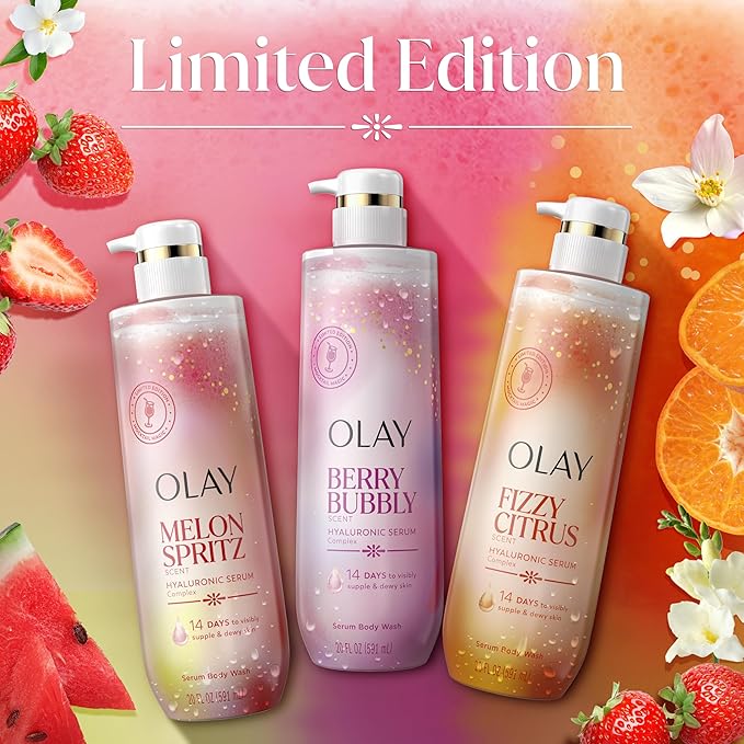 Olay Body Wash for Women, Intensely Hydrating, Pro-Hyaluronic Acid Serum Complex, Renews Moisture, Vitamin B3 Lameller Technology, For All Skin Types, Fizzy Citrus Scent, 20 fl oz