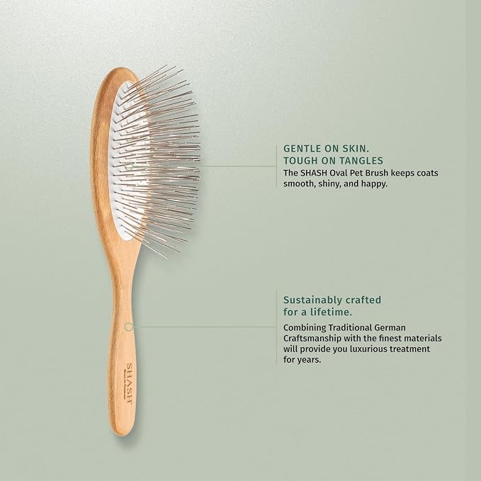 Since 1869 Hand Made In Germany - SHASH Oval Pet Brush With Long Metal Pins With Rubber Cushion - Helps Detangle Knots, Eliminate Frizz, Reduce Pulling & Snagging