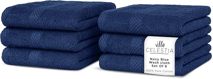 Villa Celestia Cotton Washcloths Set of 6, 12x12 Inch, 100% Ring-Spun Combed Cotton, Soft Absorbent Quick-Dry Wash Cloths for Face and Body, Oeko-TEX Certified, Hotel & Spa Quality, Navy Blue