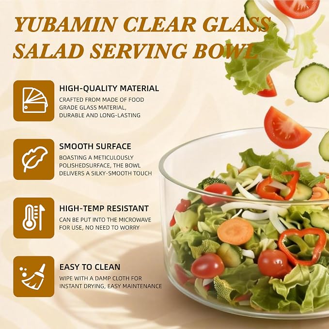 Glass Salad Bowl with Lid, 9.8" Large Glass Mixing Bowls with Acacia Wood Lids Set & Serving Utensils, 200oz Trifle and Serving Bowl for Salads, Fruit, Pasta, Dessert, Popcorn, Microwave Safe