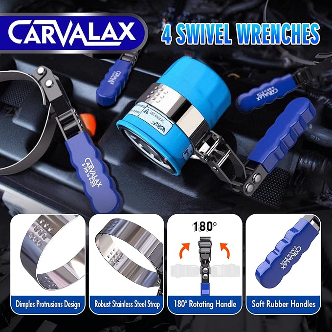 CARVALAX 8PCS Oil Filter Wrench Set – Stainless Steel Swivel Wrenches (1-3/4”to 5-1/4”), 9” & 12” Adjustable Pliers, Universal 3-Jaw Remover with Adapter, Organized in Storage Case for Auto Repair