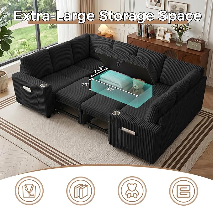 Oversized U Shaped Sectional Sleeper Sofa with Pull Out Bed, Black | 8 Seat Modular Design, Hidden Storage Space, Soft Corduroy Fabric, USB Charging, Cup Holders, Removable Covers, Easy Assembly