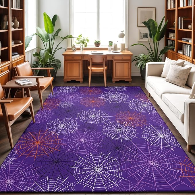 Large Area Rug 5'x7', Purple Halloween Washable Rectangular Area Rugs for Living Room Bedroom Office, Red Black White Net Halloween Non Slip Kitchen Rug Mats Indoor Floor Accent Throw Carpet