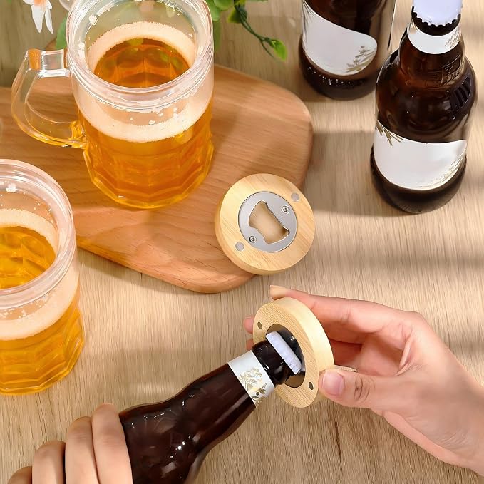 Vesici 24 Pcs Magnetic Bottle Opener 2.5in DIY Wood Round Shape Beer Openers Wooden Fridge Magnet Refrigerator Sticker Gift for Beer Lover Wedding Guest Kitchens Bars Parties