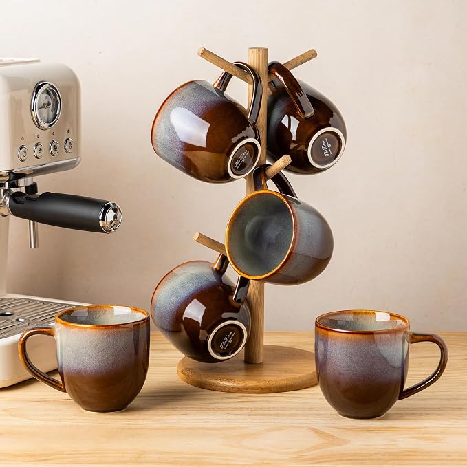 theterra Ceramic Coffee Mugs Set of 6, 12oz Handmade Coffee Cups with Handle for Latte, Tea, Milk, Beer, Hot Cocoa, Dusk Blue