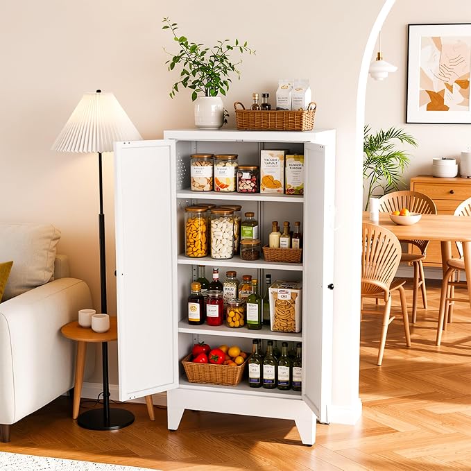 AQY Metal Pantry Cabinet, White Kitchen Storage Cabinet with Doors | Adjustable Shelves Freestanding Storage Metal Cabinet Kitchen, Dining & Bathroom Organization