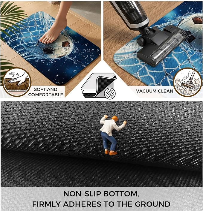 Soccer Ball Washable Area Rugs for Living Room Bedroom, Large Non Slip Indoor Floor Carpet Absorbent Low Pile Wet Net Power Shot Blue Football Door Mat Rugs for Bathroom Entryway 63"x78.7"
