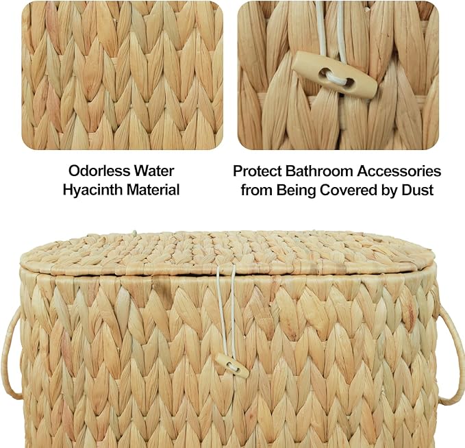 Coeusy Toilet Paper Basket with Lid,Wicker Basket for Bathroom Organizers and Storage,Holds Up to 6 Mega Rolls, Decorative Hand-Woven Rattan Bathroom Decor Accessories,Natural Water Hyacinth
