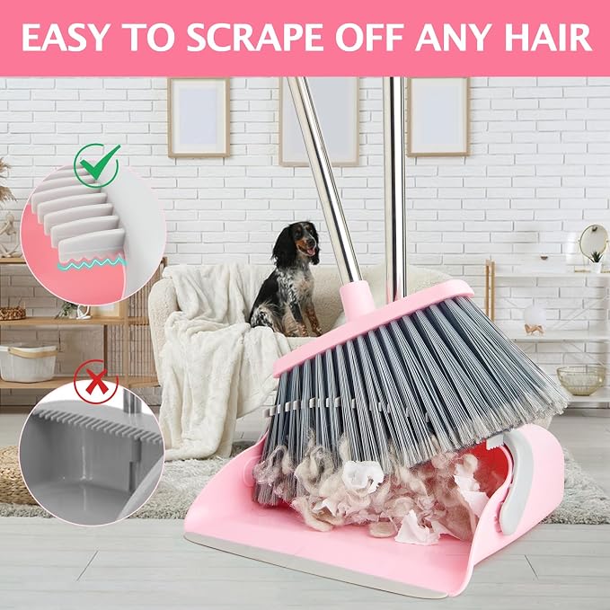 2-Pack Broom and Dustpan Set with Long Handle, Heavy Dust Broom and Dustpan Combo for Home，Kitchen, Office, Pet Hair(Grey Pink)