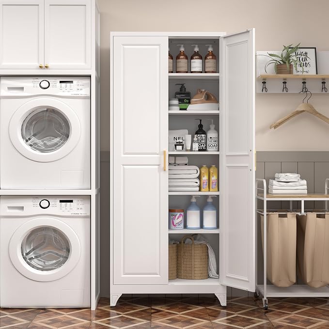 SteeLoong 75”Metal Pantry Storage Cabinet with Doors & 5 Adjustable Shelves | Kitchen Pantry Cabinet,White Kitchen Cabinet with 2 Gold Handles,Tall Cabinet for Livingroom,Pantry, Bathroom,Kitchen,Garage