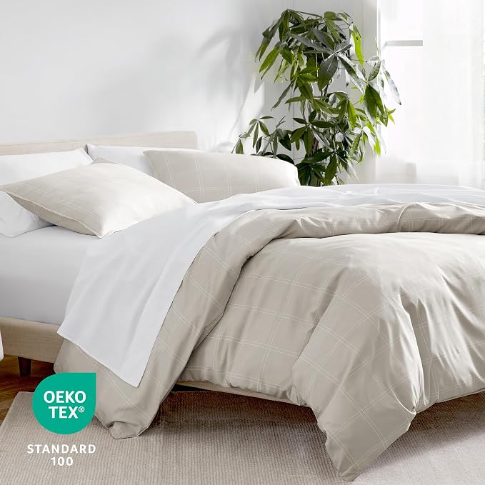 Bare Home Bedding Duvet Cover Queen Size - Premium 1800 Super Soft Collection - Lightweight, Duvet Cover - Soft Textured Bedding (Queen, Modern Plaid - Stone/White)