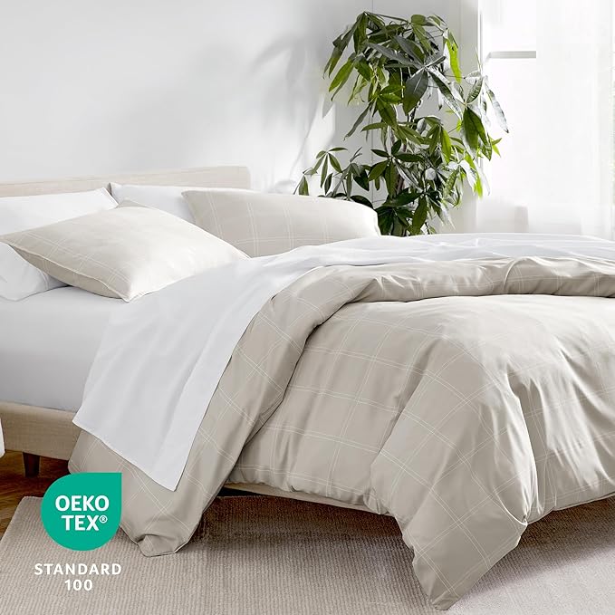 Bare Home Bedding Duvet Cover Full Size - Premium 1800 Super Soft Collection - Lightweight, Duvet Cover - Soft Textured Bedding (Full, Modern Plaid - Stone/White)