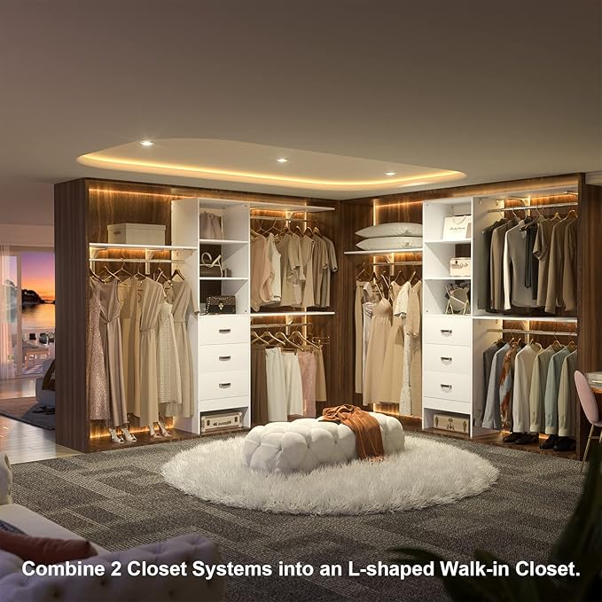 Armocity 96" Wood Closet System with 3 Enclosed Drawers & 3 Solid Shelves, 8FT Adjustable Closet Organizers and Storage, Heavy Duty Modular Wardrobe for Reach-In & Walk-In, 1000 LBS Load, White