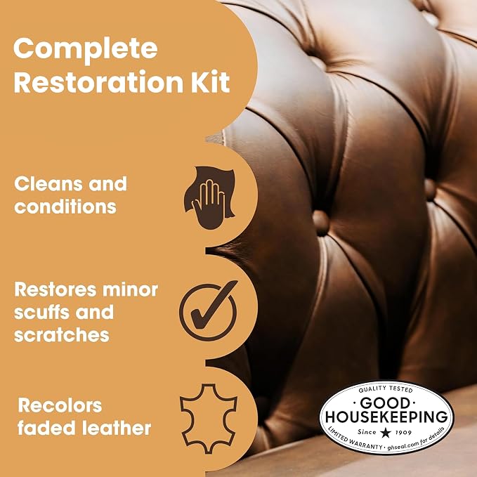 Furniture Clinic Leather Complete Restoration Kit | with Leather Recoloring Balm, Cleaner, 2-in-1 Protection Cream & Conditioner, Sponge, and Cloth | Repair Kit for Furniture (Tan)