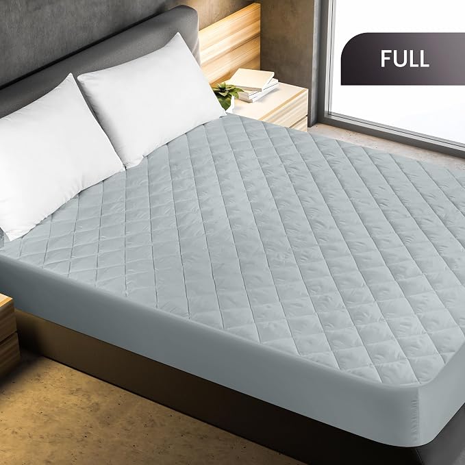 Quilted Fitted Mattress Pad, Full Mattress Protector Topper with Deep Pocket Stretches up to 16 Inches, Machine Washable Mattress Cover by Utopia Bedding (Light Grey)