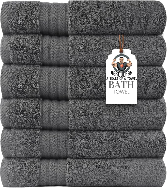 HERCULEAN Large Bath Towels 24 x 50 Pack of 6 | Quick Dry and Highly Absorbent | 100% Cotton Terry Towels for Bathroom - Perfect for Shower - Pool and Spa - Luxury Soft Towels - Light Grey
