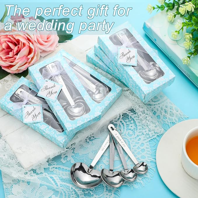 Yinder 50 Sets Heart Measuring Spoons Wedding Favors for Guests with Gift Box and Thank You Card, Bridal Shower Favors Bulk, Kitchen Measuring Spoon Gift Set for Party Souvenirs(Blue)