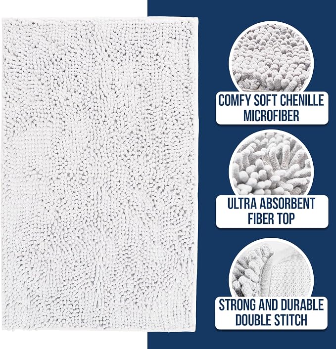Muddy Mat® | Chenille Bathroom Rugs Quick Dry Microfiber Mats Non Slip Washable, Extra Thick, Soft and Highly Absorbent Bath Mats for Bathroom, Kitchen, and Shower Floor - White 24"x35"