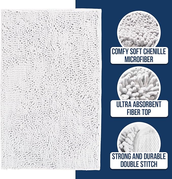 Muddy Mat® | Chenille Bathroom Rugs Quick Dry Microfiber Mats Non Slip Washable, Extra Thick, Soft and Highly Absorbent Bath Mats for Bathroom, Kitchen, and Shower Floor - White 18"x28"