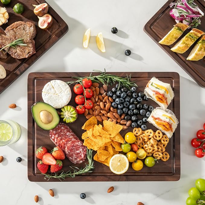 Walnut Wood Cutting Board Set, End Grain Cutting Board for Kitchen | Walnut Wooden Charcuterie Boards, FSC Certified, Non Toxic, Non-Slip Feet, 3 Practical Sizes, Meal Prep & Serving, Gift Box