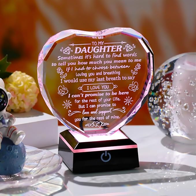 Arikyrist Mothers Day Daughter Gifts from Mom Heart Shaped Crystal Plaque for Daughter with LED Light Base Birthday Graduation Gifts for Daughter Home Decor