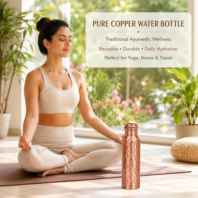 Copper Water Bottle, Ayurvedic Pure Copper Bottle For Drinking - Drink More Water, Lower Your Sugar Intake And Enjoy The health Benefits Immediately - 32 OZ 1Cleaning Brush +3 hammered Bottle