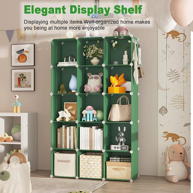 C&AHOME 16 Cube Storage Organizer Cube Shelf Units Storage Cubes, Green | Plastic DIY Closet Organizer, Stackble Modular Closet Storage Shelves Ideal for Home, Bedroom, 48.4" L × 12.4" W × 48.4" H