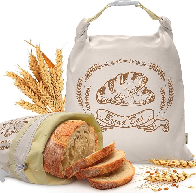 Large Linen Beeswax Bread Bags(2 Pack) Sourdough Bread Bags Reusable Double-Lock Freezer Baking Container Gift Giving for Homemade,Loaf,Sourdough,Food Storage (Artisan Bread Sketch Print, 2Pack)