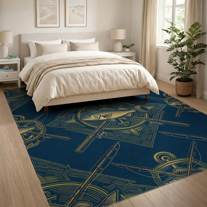 8'x10' Washable Area Rug Bass Nautical Wildlife Icons Lure Tackle Motif Border Fish Fishing Refined Foldable Easy Care for King Size Bedroom, Master Suite, Under Bed