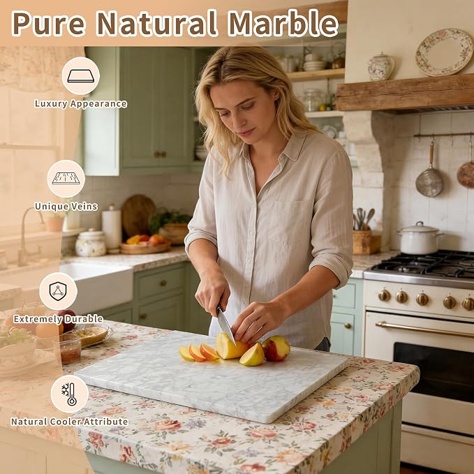 Carrara Marble Cutting Board for Kitchen, 20 x 16 Inch Large Marble Pastry Slab, White Stone Cutting Board for Dough Kneading, Baking, Rolling, Cheese