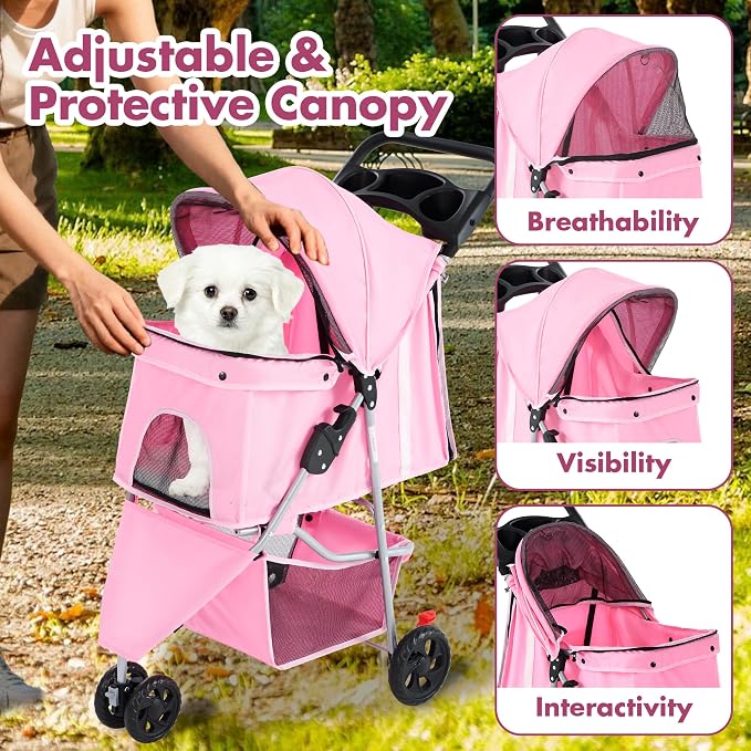DUMOS 3 Wheels Pet Stroller for Small Dogs and Cats – Foldable Dog Stroller with Mesh Windows, Storage Basket & Cup Holder, Lightweight & Durable Pet Carrier for Travel, Outdoor Use – Pink