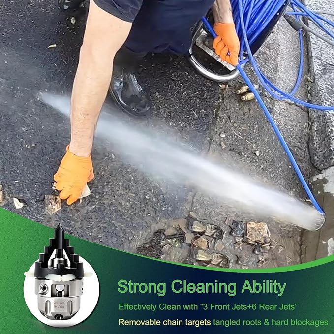 3/8" NPT Sewer Jetter Rotating Nozzle, Plastic Tip & Nylon Scraper Blades, Non-Scratch Pipe Safe, 2900 PSI, 40L/Min (10.57 GPM), Drain Cleaner for Pressure Washers