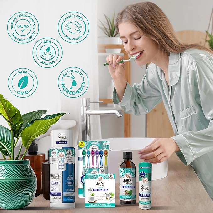 GuruNanda Total Smile Makeover Kit Regular with Cocomint Oil Pulling, Dual Barrel Whitening Mouthwash, Whitening Strips & Butter on Gums Toothbrushes