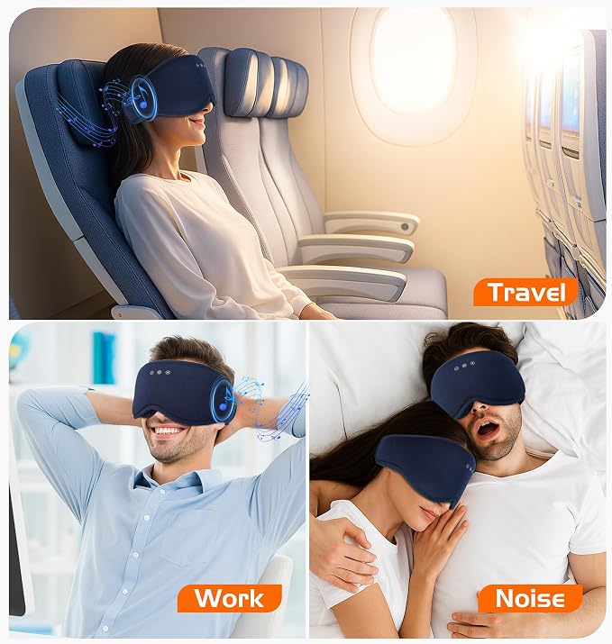 Bluetooth Sleep Mask with 2 Removable 3D Contoured Cup, Bamboo Cotton Sleeping Headphones for Side Sleepers with Timming Setting, Blackout Eye Mask for Sleeping Travel Meditation Men Women(Navy Blue)