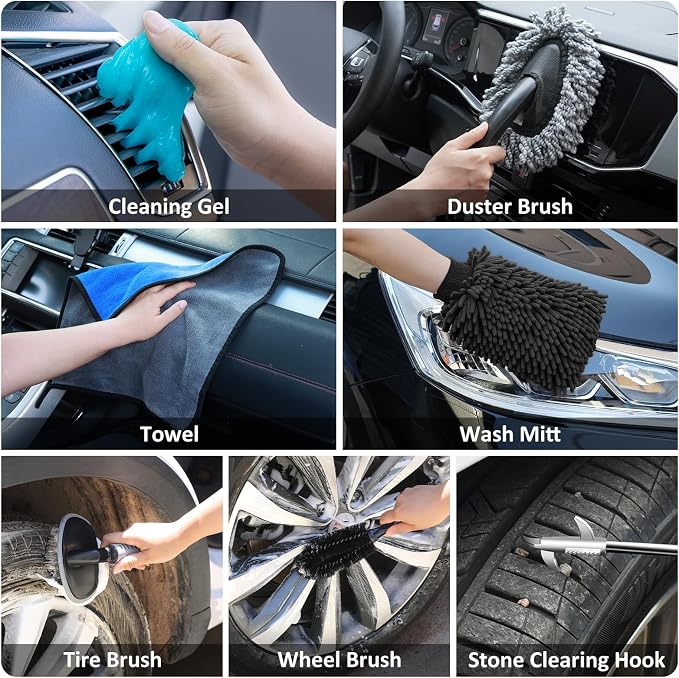 44Pcs Car Wash Detailing Kit Cleaning Kits with Foam Gun Sprayer Wash Mop with Long Handle Collapsible Bucket Large Wash Mitt Towels Complete Interior Exterior Car Washing Supply Set Black