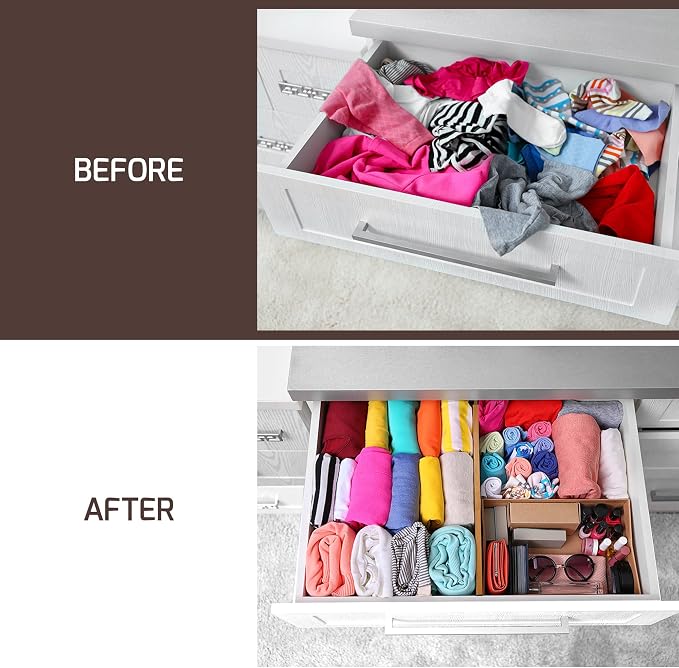 6 Pack Bamboo Drawer Dividers - 6 Inch High for Deep Drawers, Adjustable 11.5 to 17 Inch Expandable Kitchen Drawer Organizer, Spring Loaded Dresser Separator for Clothes, Bedroom, Bathroom, Office