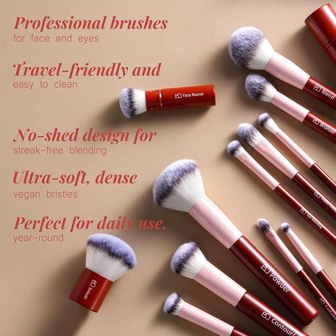 BS-MALL Makeup Brushes Kit – Professional Makeup Tools with Travel Case, Includes Foundation, Powder, Concealer, Lip & Eyeshadow Brushes for Daily Use & Versatile Occasions (Vermilion-Pink)