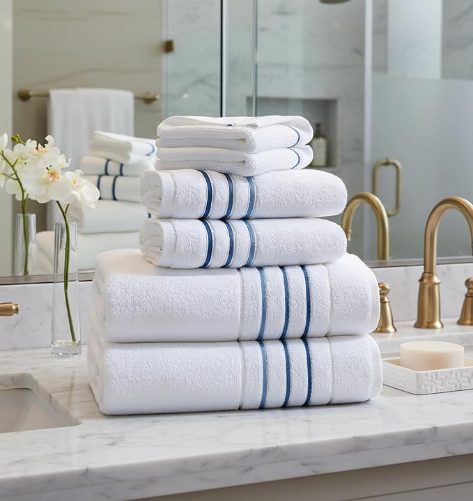 Bath Towels Set for Bathroom – Luxury 6-Piece Cotton Towels, Soft Absorbent & Quick Dry, 600 GSM Bath Towels for Bathroom, Hotel Spa Quality (White/Blue Azure, 4-Hand Towel Set)