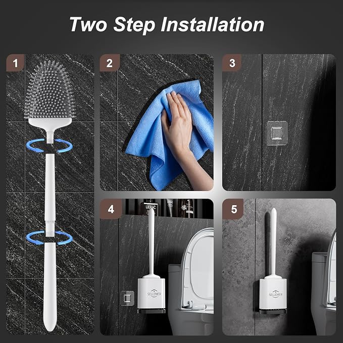 Sellemer Toilet Brush and Holder Set - Flexible Toilet Bowl Brush Head with Silicone Bristles, Compact Size for Storage and Organization, Ventilation Slots Base (1 Pack, Pearl White)